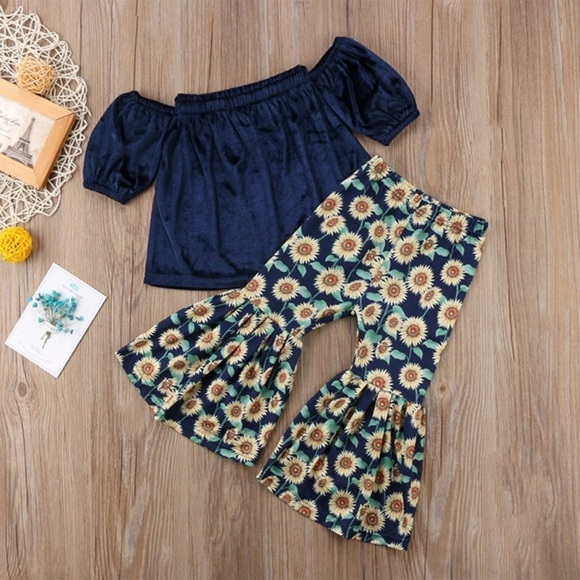 Cozy Rosie’s Boutique Other - Girls Off Shoulder Crushed Velvet Crop Top and Sunflower Pants